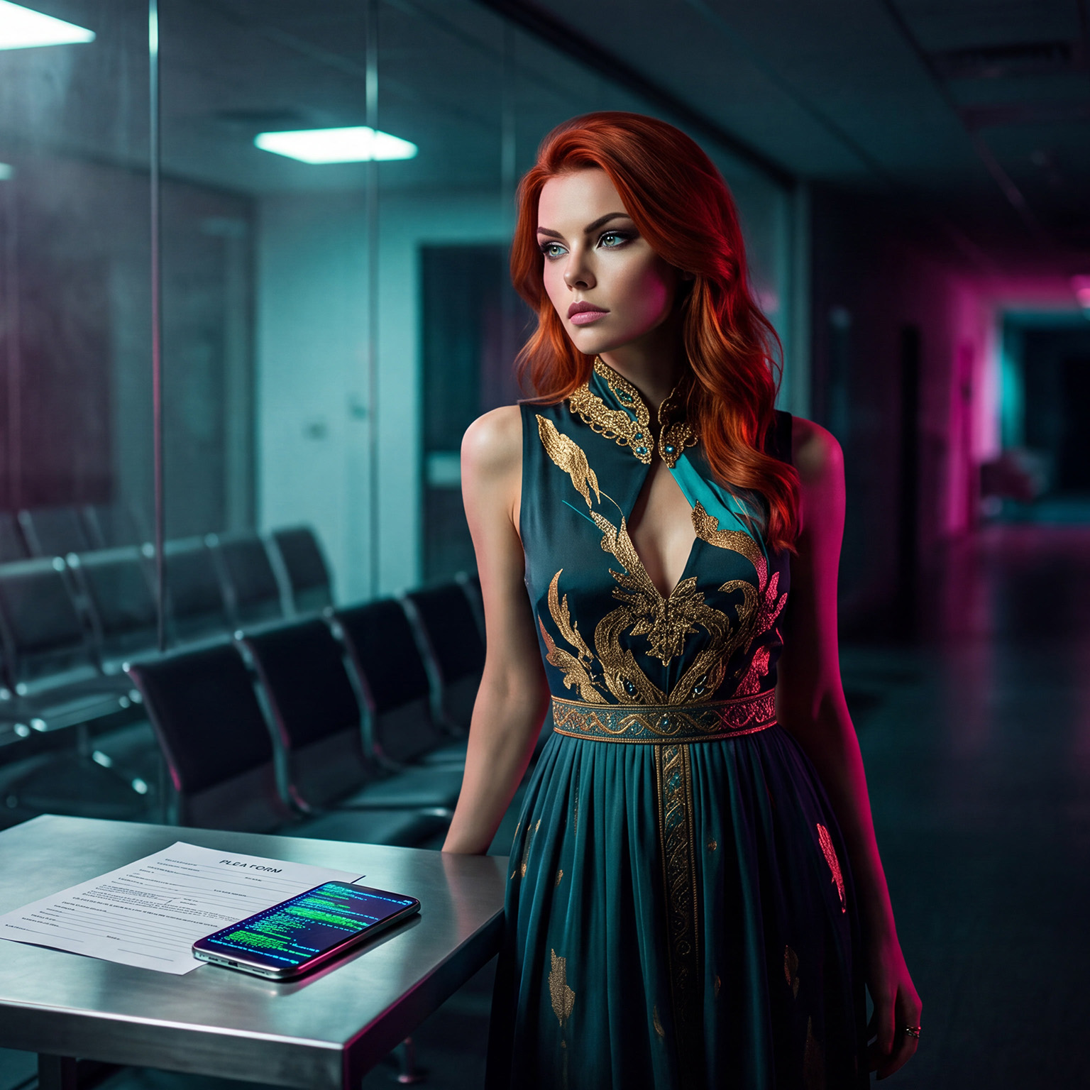 Close-up of a beautiful red-haired woman in a teal silk dress. She's looking off, impossibly lit corridor of a court house behind her.