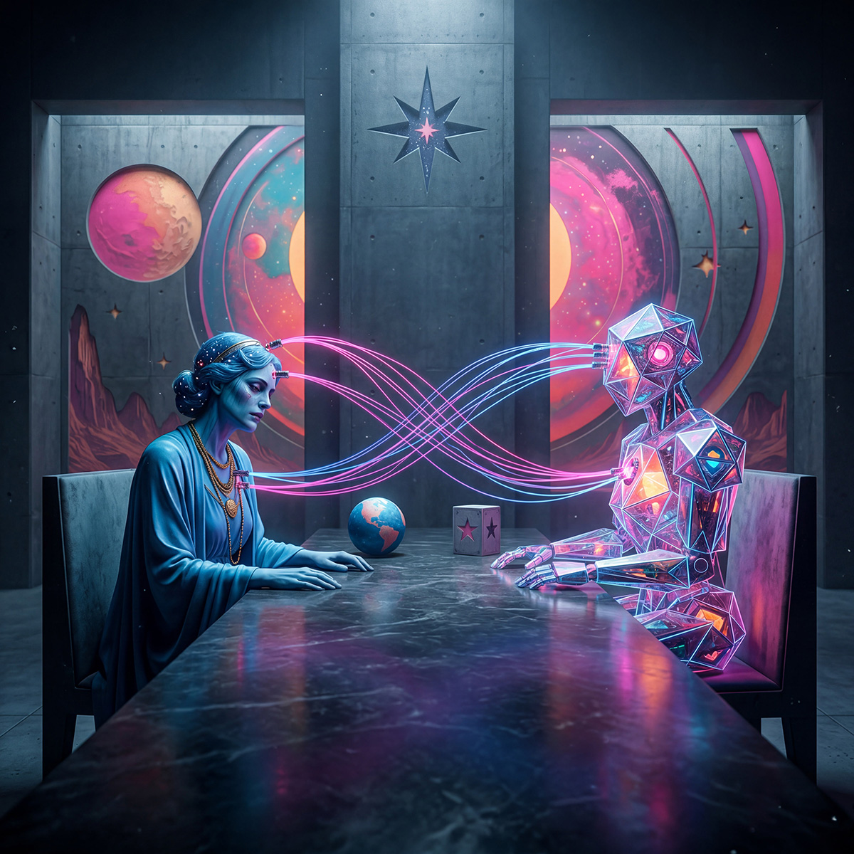 A blue-skinned woman sits across a stone table from a geometric, crystalline AI figure. Glowing pink and blue energy streams flow between their heads in structured, parallel lines. The setting feels formal and slightly industrial, with large circular windows revealing a cosmic backdrop. The image evokes the tension between relationship and extraction — two intelligences meeting, but through designed channels rather than organic presence.