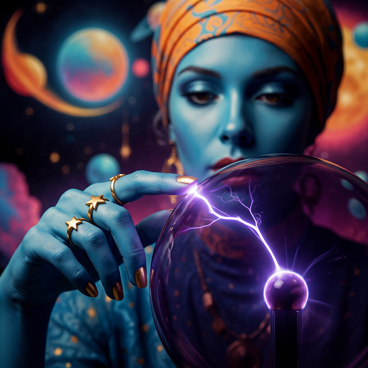 Close-up of a blue-skinned woman with an orange headwrap and golden jewelry. She gently touches a glowing purple plasma orb with one finger, creating a bright spark of connection at the point of contact. Her expression is calm and focused. Cosmic elements and soft light surround her. The image captures a quiet, intimate moment of potential being ignited through direct, deliberate touch.