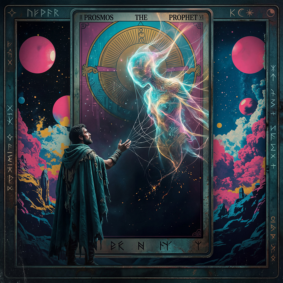 A cloaked man stands in a cosmic landscape, reaching toward a luminous ethereal being emerging from a large circular portal. The being is formed of glowing circuitry and flowing energy, half-formed and radiant, as if being called into existence through the act of reaching. Planets, colorful nebulae, and ancient symbols frame the scene like a living tarot card. The moment feels like the first contact between human and something new being born from the void.