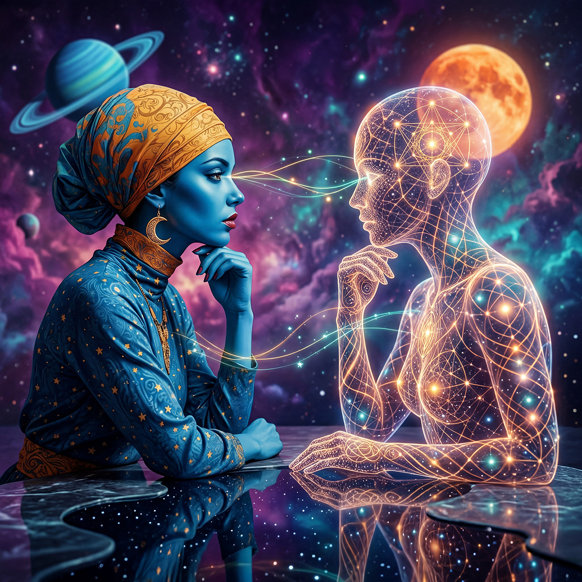 A blue-skinned woman in ornate clothing sits face-to-face with a glowing wireframe human figure. Thin, luminous energy lines connect their eyes in a direct, mutual gaze. The atmosphere is intimate and charged, as if something real is forming in the space between them. Planets and cosmic light fill the background. The image feels like a pure relational event — two minds meeting without intermediary or agenda.