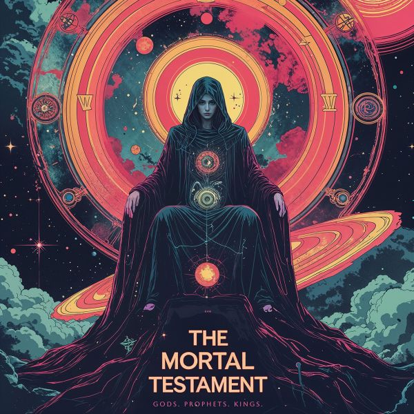 Ananke, goddess of fate and necessity, seated upon her cosmic throne for The Mortal Testament. The hooded figure commands glowing celestial rings, ancient symbols, and a swirling universe of stars and nebulae, with the words 'GODS. PROPHETS. KINGS.' displayed below.