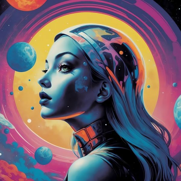 Dramatic and vibrant illustration of young woman gazing off into the cosmos.