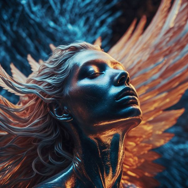 A stunning angel with metallic skin and bright feathers. Her eyes are closed and her head is tilted toward the sky.