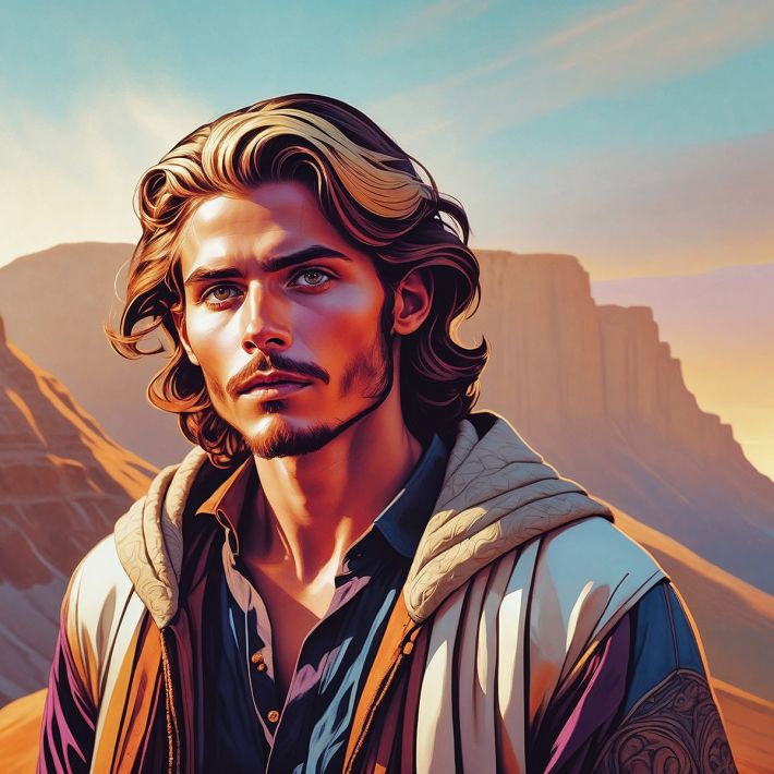 A rugged man with windswept, wavy brown and blonde hair stands against a vast desert canyon at golden hour. He wears layered clothing — a dark shirt beneath a weathered, hooded jacket with faded patterns. His expression is intense and contemplative, eyes catching the low light. The image carries the mythic weight and spirit of The Mortal Testament — a man shaped by hardship, silence, and the land.