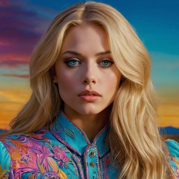 Close-up portrait of a striking blonde woman with clear blue eyes and long, flowing hair. She wears a vibrant turquoise jacket richly embroidered with colorful floral patterns. Her expression is direct, calm, and quietly powerful as she looks straight into the lens. The image captures the presence and enigmatic strength of Stevie Pearl — a woman who has seen too much and still refuses to look away.